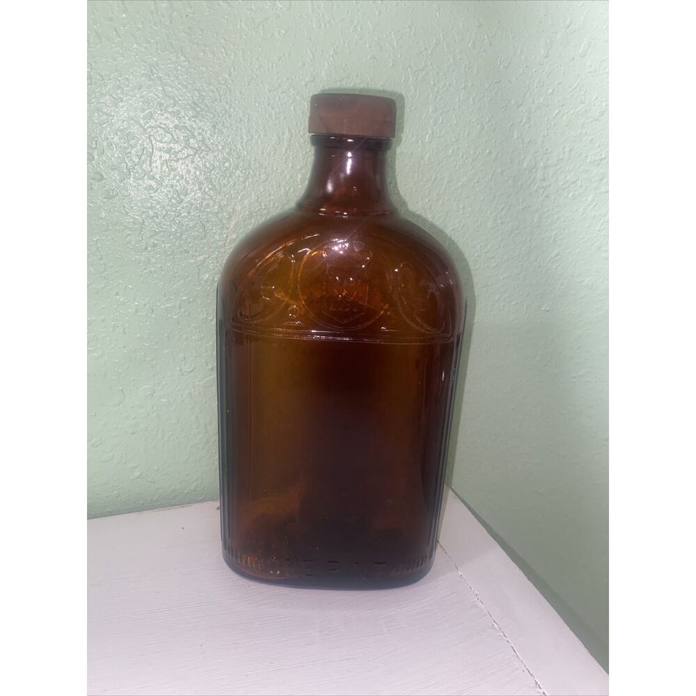 1930s-60sAmber Textured Glass Embossed Bottle With Lid Federal Law Forbids Reuse